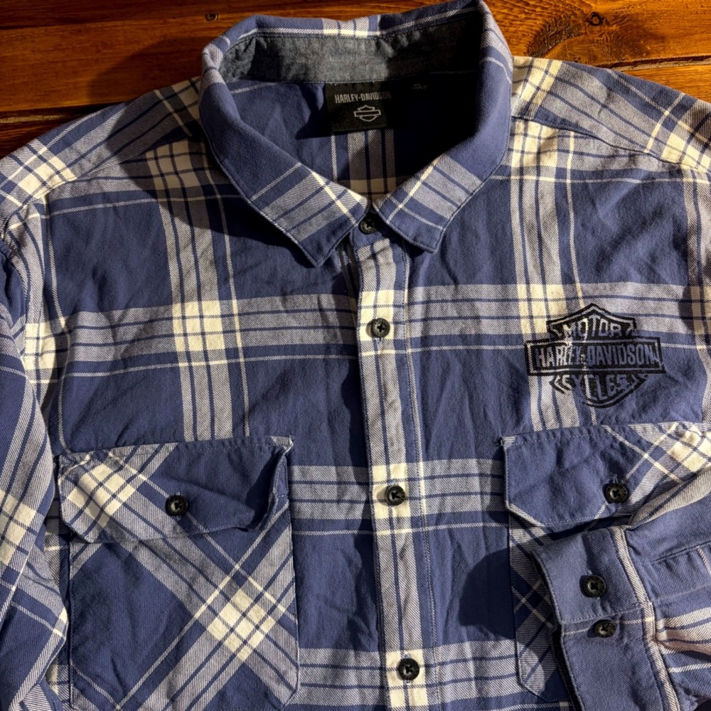 Harley Davidson Shirt Men's 4XL Plaid Blue Long Sleeve Button Up Eagle Logo